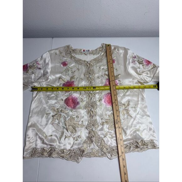 VTG Beautifulleaf Chinese Silk Embroidered Floral Top Blouse Button Up Sz XL - Picture 9 of 12